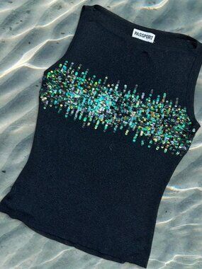 Rare Sequin Mermaid Top by Passport ⭐️ Ibiza Festival Y2K Glam Medium Black